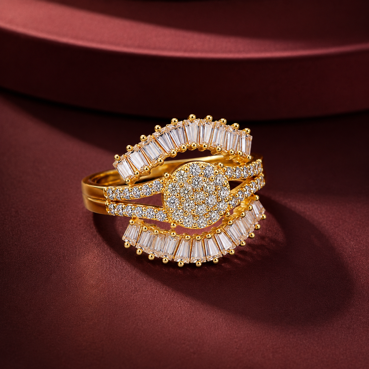 Gold Plated American Diamond Round Statement Ring for Women with Baguette Stone Halo Design