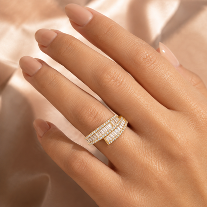 Gold Plated American Diamond Baguette Stone Double Band Ring for Women with Elegant Open Design