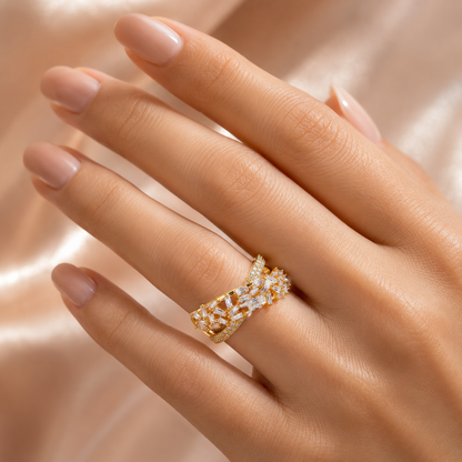 Gold Plated American Diamond Geometric Crossover Ring for Women with Baguette Stone Statement Design