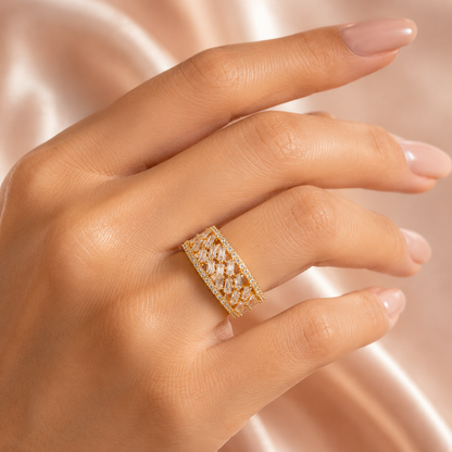 Gold Plated American Diamond Wide Statement Ring for Women with Baguette Stone Lattice Design