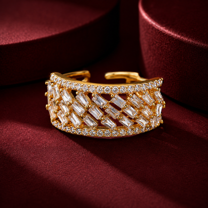 Gold Plated American Diamond Wide Statement Ring for Women with Baguette Stone Lattice Design