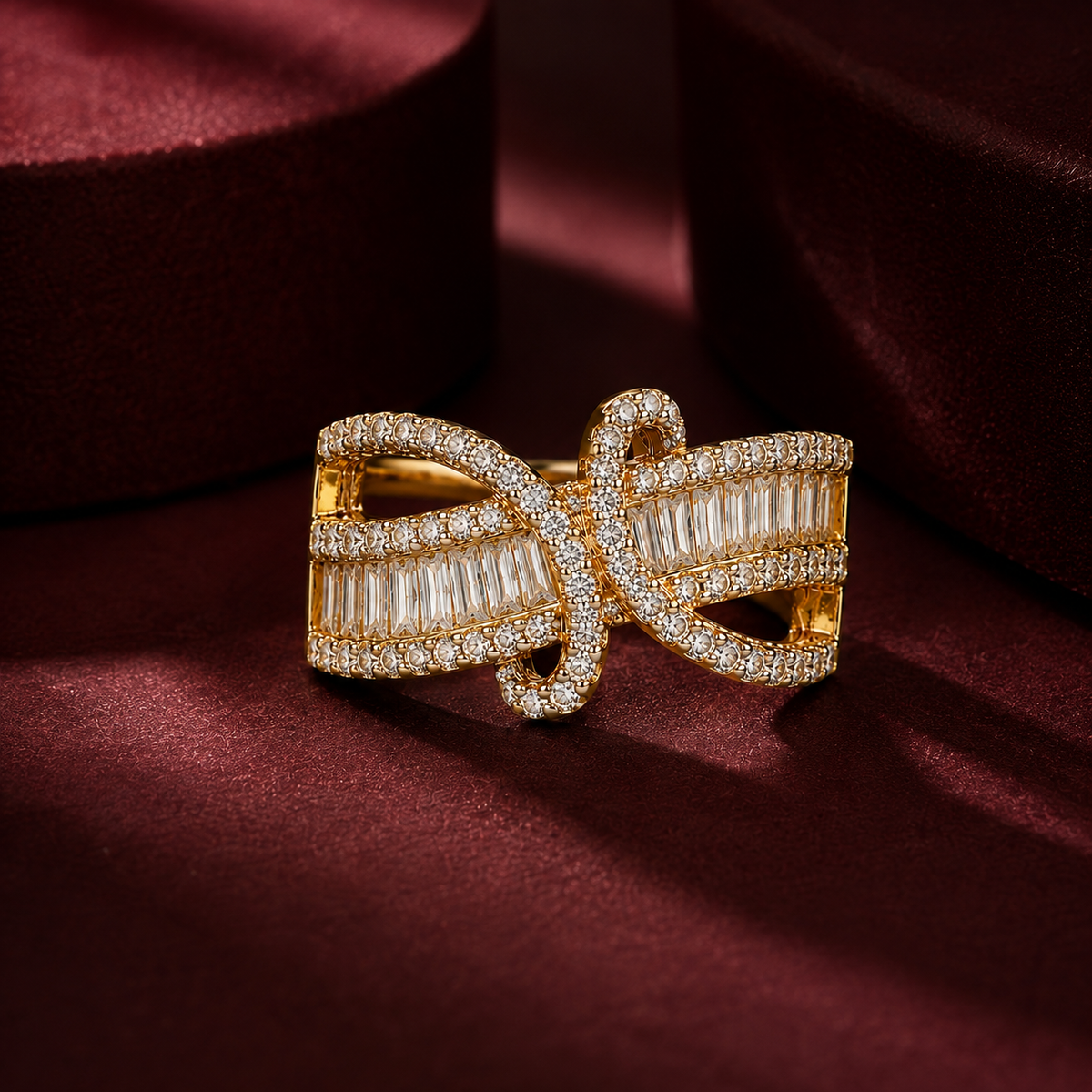 Gold Plated American Diamond Bow Design Statement Ring for Women with Baguette Stone Detailing