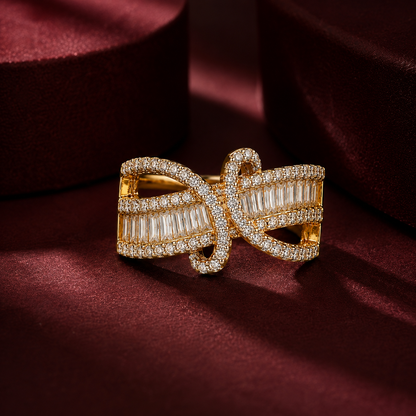 Gold Plated American Diamond Bow Design Statement Ring for Women with Baguette Stone Detailing