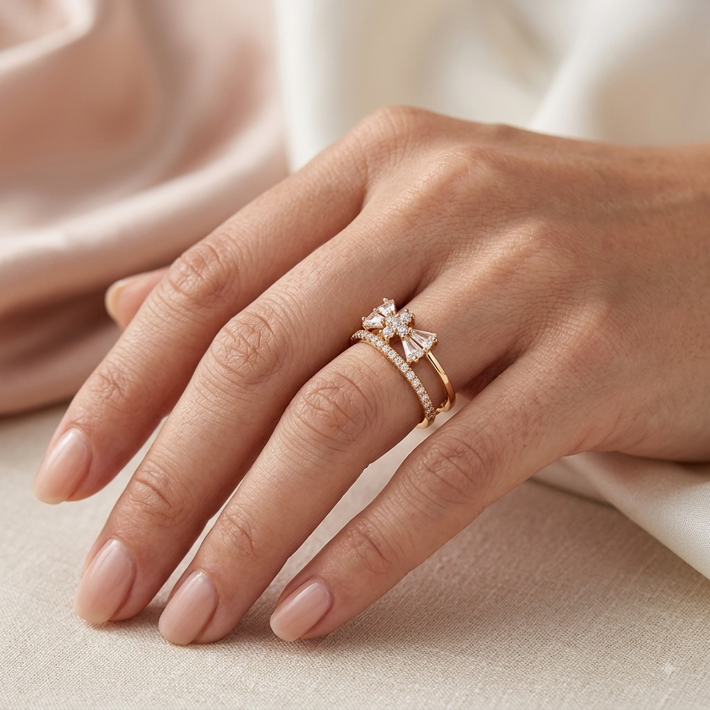 Gold Plated American Diamond Bow Design Statement Ring for Women with Baguette Stone Detailing