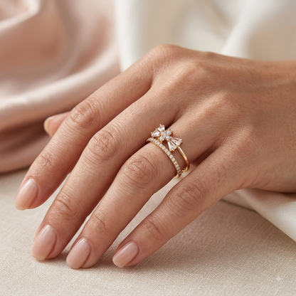 Gold Plated American Diamond Bow Design Statement Ring for Women with Baguette Stone Detailing
