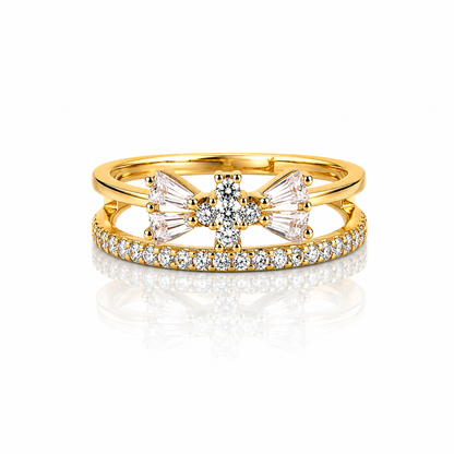 Gold Plated American Diamond Bow Design Statement Ring for Women with Baguette Stone Detailing