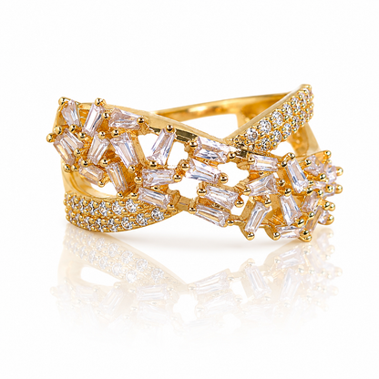 Gold Plated American Diamond Geometric Crossover Ring for Women with Baguette Stone Statement Design
