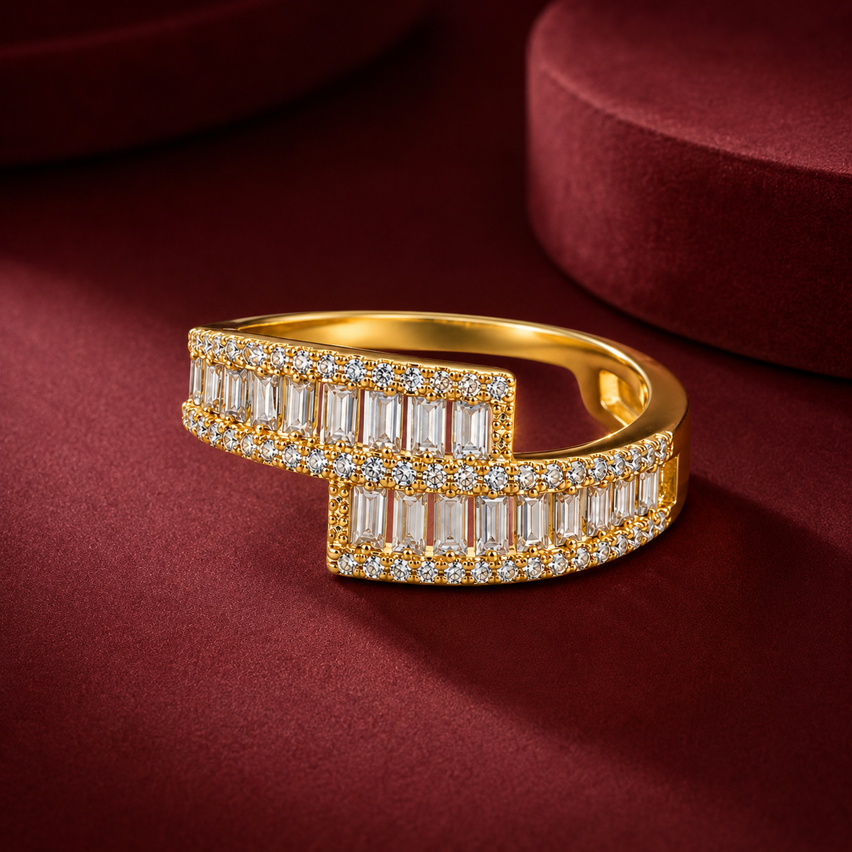 Gold Plated American Diamond Baguette Stone Double Band Ring for Women with Elegant Open Design