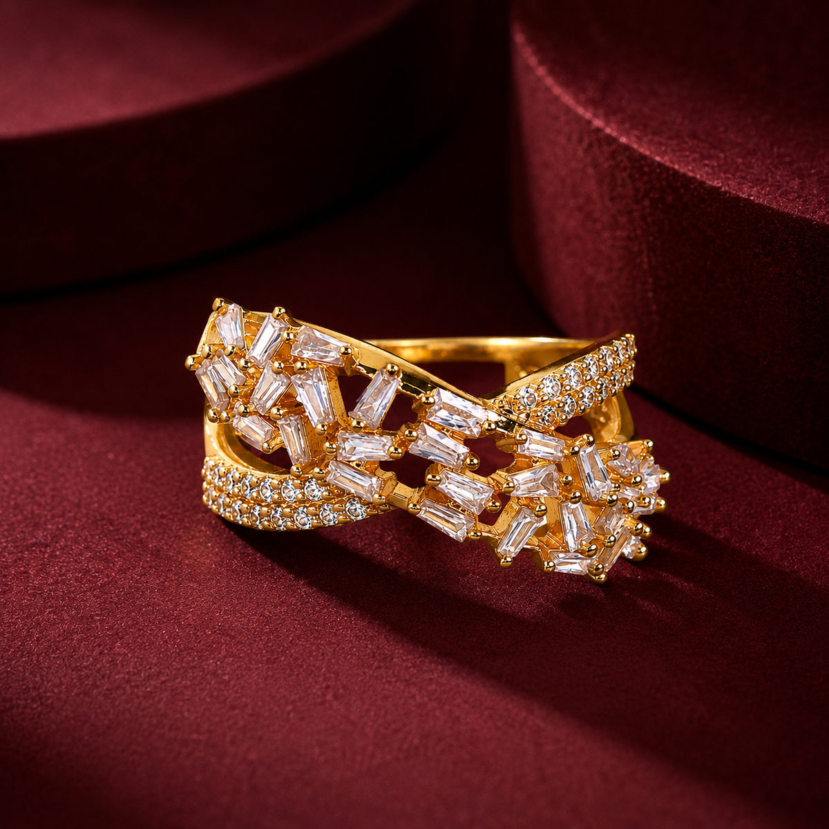 Gold Plated American Diamond Geometric Crossover Ring for Women with Baguette Stone Statement Design