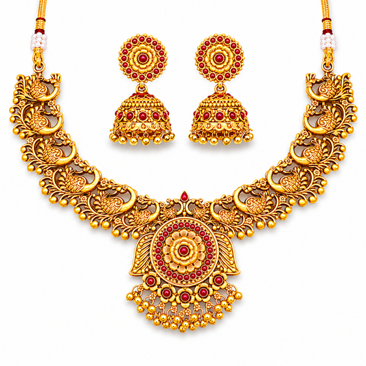 Designer Temple Jewellery High Gold Polish Necklace Set for Weddings & Events