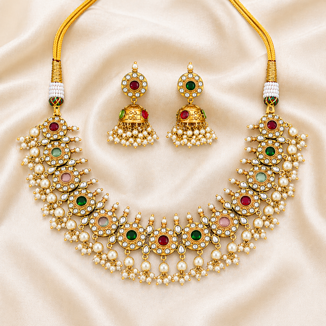 Kemp Matte Gold Polish Fancy Multi Color Necklace Set for Women