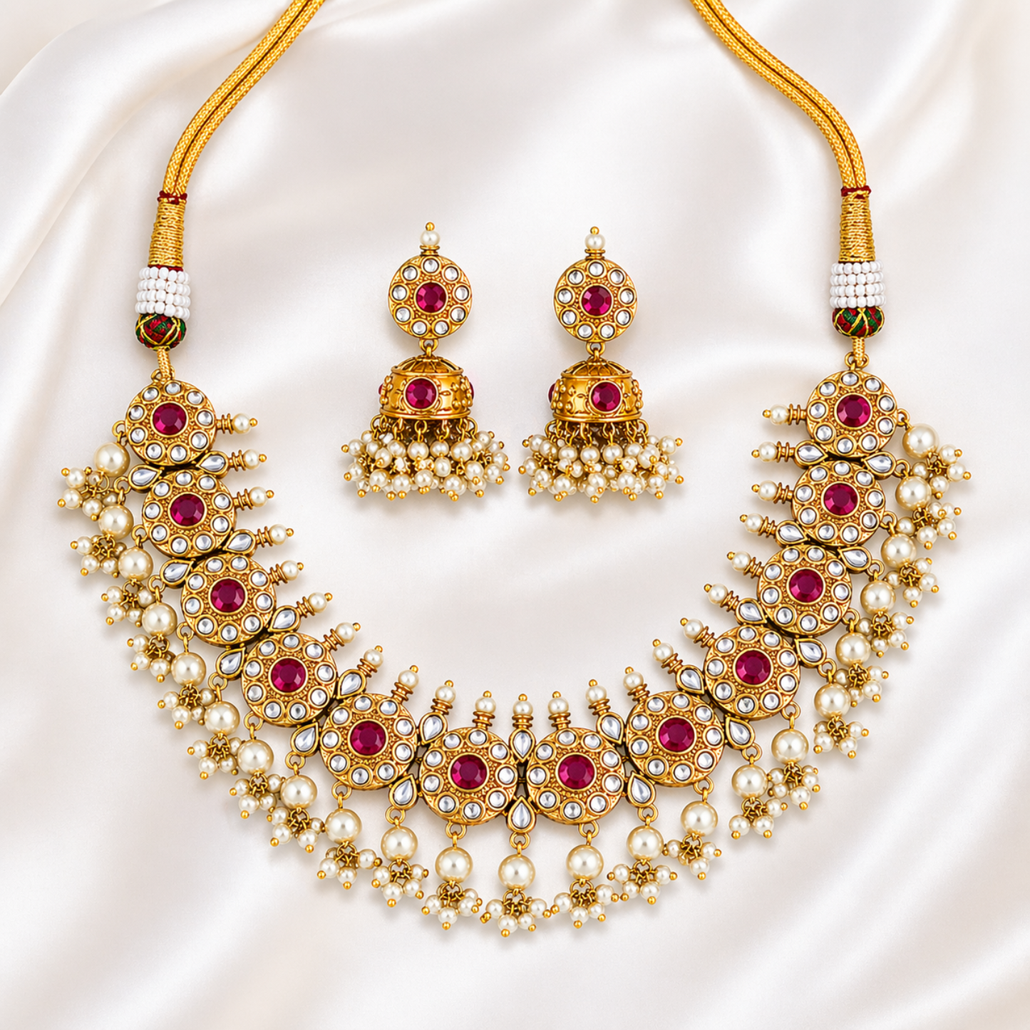 Kemp Matte Gold Polish Fancy Necklace Set with Mix Color Stone & Pearl Beads