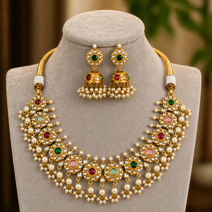 Kemp Matte Gold Polish Fancy Multi Color Necklace Set for Women
