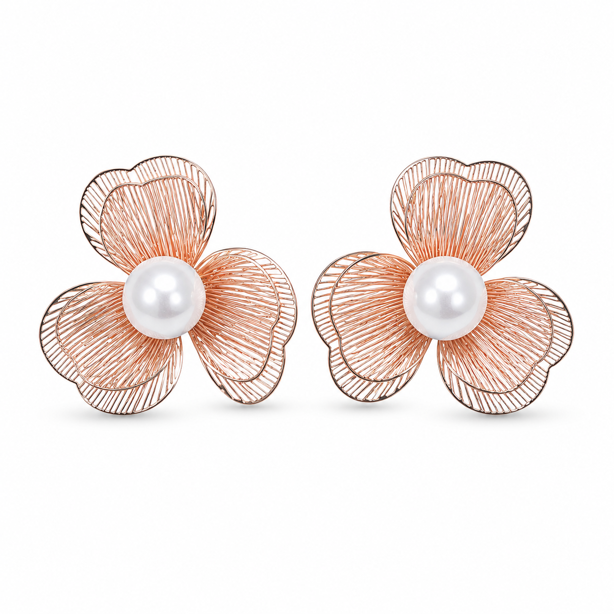 M & D Trends Anti Tarnish Rose Gold Pearl Flower Stud Earrings