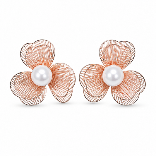 M & D Trends Anti Tarnish Rose Gold Pearl Flower Stud Earrings