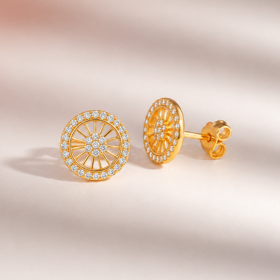 M & D Trends Gold Plated Wheel Stud Earrings for Women
